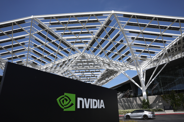 Nvidia signs under white web-looking infrastructure at Nvidia HQ